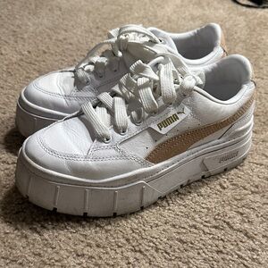 Puma White and Tan Platform Sneakers
